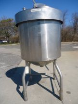 225 GALLON CREPACO STAINLESS STEEL JACKETED VERTICAL TANK, CONE BOTTOM
