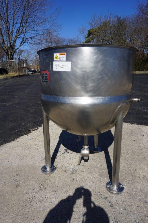 80 Gallon Lee 316 Stainless Steel Hemispherical Kettle, 45 psi Jacket S/N 25686-1-2