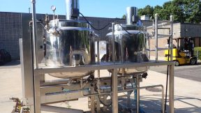 Twin 60 Gallon SS Jacketed Mix Tanks/Kettles, Common Base